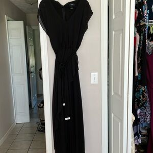 Elegant Black MSK jumpsuit with sheer sleeves and drape rhinestone tip belt